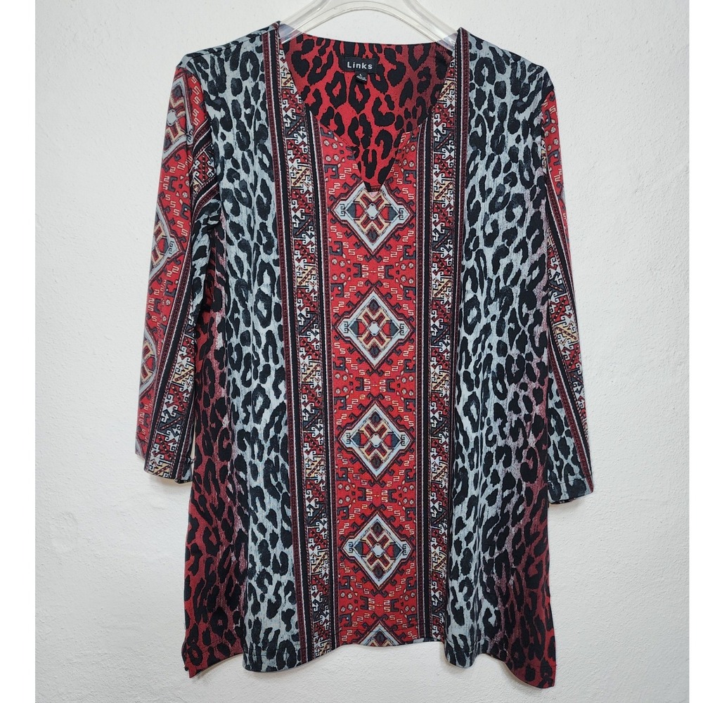 Links Tunic Top Women L Red Excellent Leopard Geometric V-Neck 499A